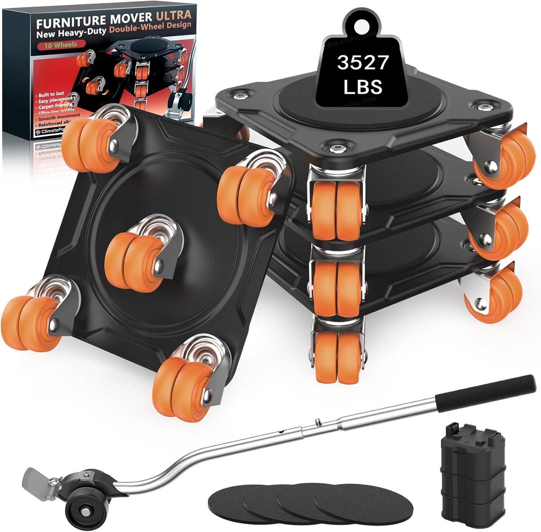 Furniture Mover Ultra Plus with 10 Wheels  Upgraded Double-Wheel Design, Carbon Steel Panel Heavy Duty Dolly with Lifter, Max Load 3527 LBS, More Stable & Smoother Moves (6.76.7 in)