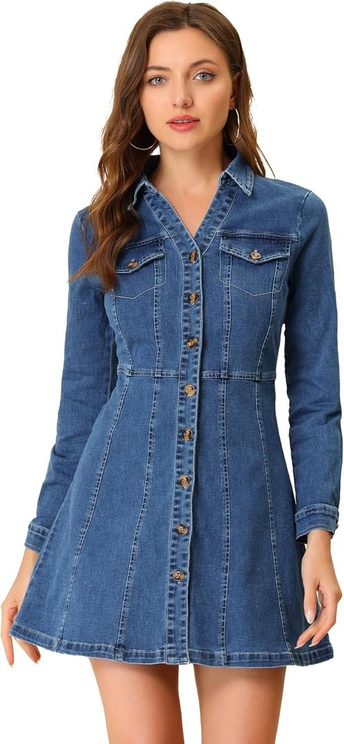 Allegra K Women's Denim Dress Button Down Collar V Neck Long Sleeve A-line Cotton Jean Dress (Blue) L