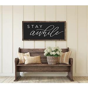 Bechivie Stay Awhile Sign, 24.8×12.6 Inches Wooden Guest Room Wall Decor, Rustic Home Living Room Bedroom Above Bed Wall Art