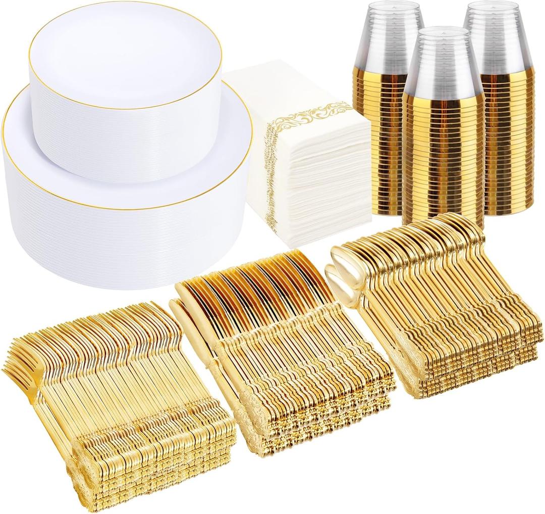 I00000 700Pcs Gold Dinnerware Set for 100 Guests,Plastic Plates for Party,Include:100 Dinner Plates,100 Dessert Plates,100 Paper Napkins,100 Cups,100 Gold Plastic Silverware Set for Wedding and Party