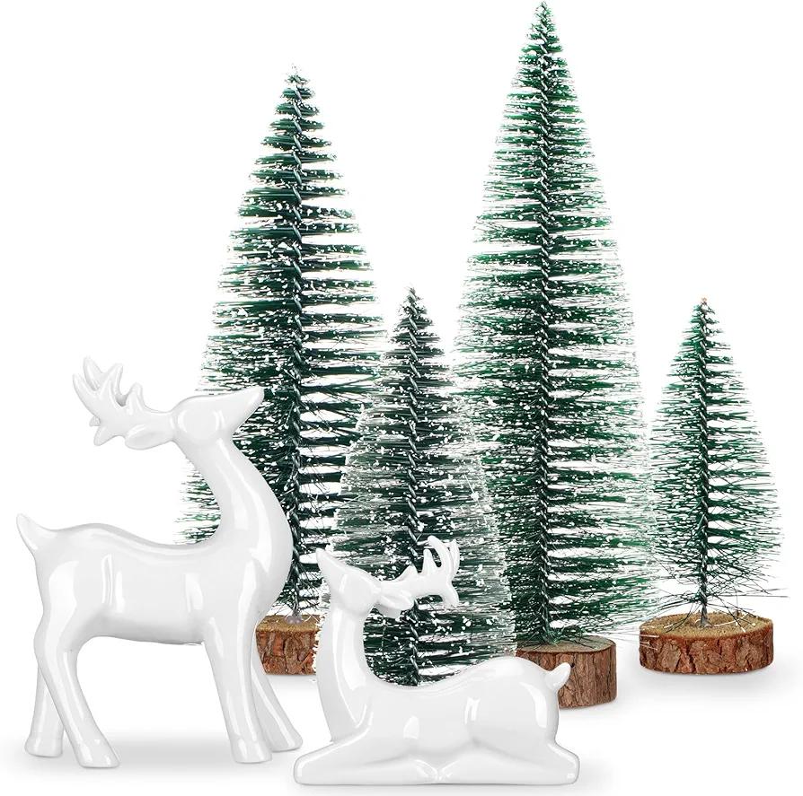 Wesiti 2 Pcs Ceramic Christmas Reindeer Figurines 4 Pcs Mini Christmas Pine Tree Reindeer Decor Deer Statue Sculpture Tabletop Ornaments for Home Mantel Shelves Decor