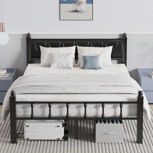 Metal Full Size Bed Frame with Headboard, Heavy Duty Platform Full Bed Frame with 1300lbs Sturdy Steel Slats Support, No Box Spring Needed, Noise-Free, 12" Under-Bed Space, Easy Assembly, Black