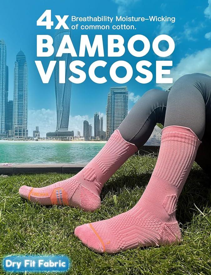 Bamboo Viscose Compression Running Crew Socks, Coolmax Moisture-Wicking Anti-Blister Hiking&Gym Athletic Socks L