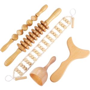 Wood Therapy Massage Tools Professional Maderoterapia Kit Body Sculpting Tools for Lymphatic Drainage and Anti-Cellulite.Wood Massager Roller Rpoe for Back and Muscle Pain Relief (5pcs)