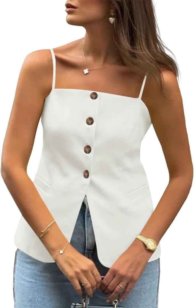 Cicy Bell Womens Summer Spaghetti Strap Vest Tops Dressy Casual Button Down Waistcoat Fitted Split Hem Sleeveless Suit Blazer White, M