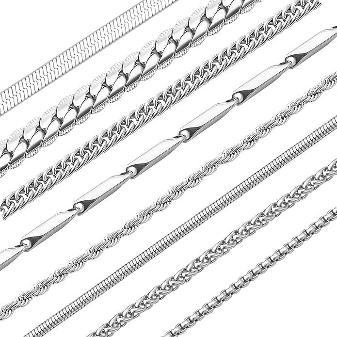 stino 7/8PCs Stainless Steel Chain Necklace Set for Men Women, Silver Tone Necklace Chains Bulk, Figaro Chain, Snake Chain, Cuban Link Chain, Rope Chain.