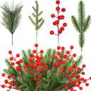 Jexine 100 Pcs Christmas Artificial Pine Needles Branches and Red Berry Stems Fake Greenery Pine Picks Christmas Red Berry Picks Holly Berries Xmas Fake Tree Branches for DIY Garland Wreath