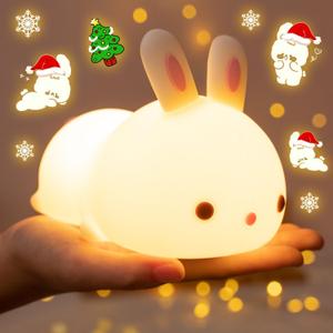 One Fire Bunny Toys for Kids Night Light for Kids, 16 Colors Cute Lamp, Soft Silicone Baby Night Light, 1200mAh Portable Dimmable Touch Lamps, Kawaii Room Decor, Christmas Gifts for College Girls (White)