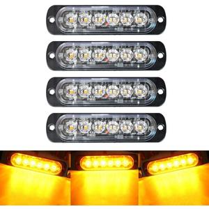 4-Pack 6 LED Amber Strobe Lights Vehicles Trucks Emergency Strobe Lights Kit 12V -24V Warning Hazard Flash Strobe Lights Bar Grill Grille Surface Mount Super Bright Waterproof (4 Pieces)