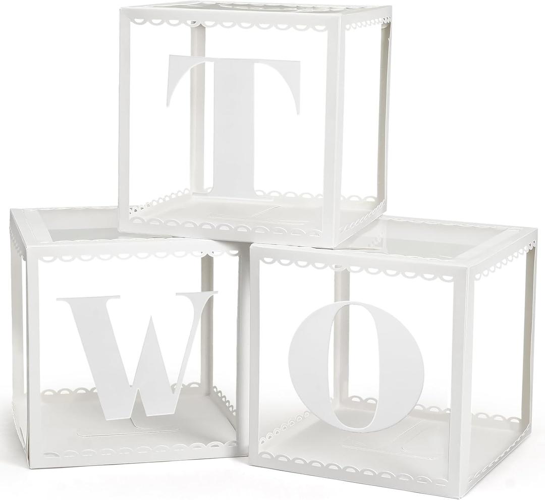 Two Birthday Decorations For Boy Girl, 3 Pcs TWO Balloon Boxes For 2nd Birthday, Baby Clear Blocks Party Decor With Letters For Photoshoot Props(Hollowed-out Wavy Edge)
