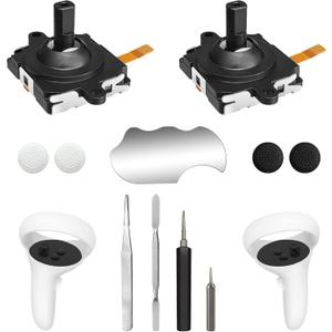 Joystick Replacement Kit for Oculus Quest 2/3 Controller, OLCLSS Repair Accessories for Meta Quest 2/3 Controller, Include 2 Joysticks, T5 Screwdriver, Tweezer, Pry Tool, 4 Thumbstick Grips (Black-11-in-1)