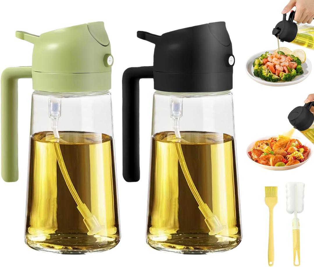 2pcs Oil Sprayer for Cooking, 16oz/470ml Oil Dispenser for Kitchen, 2 in 1 Olive Oil Dispenser Bottle for Kitchen Gadgets, Air Fryer, Salad, BBQ (Black, Green)
