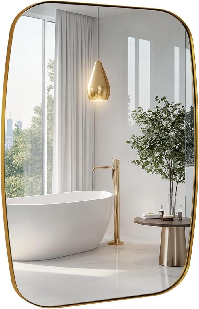 ANDY STAR 30x36 Gold Bathroom Mirror, Oblong Brass Mirror with Stainless Steel Metal Frame, Brushed Gold Oval Vanity Mirror for Over Sink, Modern Anti Rust Wall Mounted