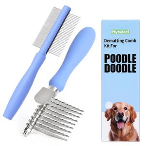 Dematting Comb for Doodles & Poodles, Dual-Sided Comb Tool for Long Curly Haired Dogs, Grooming Brush Kit for Removing Mats and Tangles, Stainless Steel, Beech Wood (Blue)