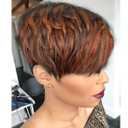 Short Layered Wavy Curly Wig with Bangs Brown Highlights Human Hair Pixie Cut Wig for Black Women Mixed Brown Color F1B/33#