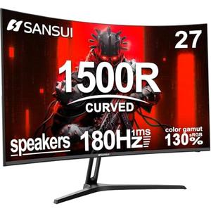 SANSUI 27 Inch Curved Gaming Monitor 180Hz 1ms with Speakers FHD 1080P Computer Monitor FreeSync|1500R|130% sRGB|HDR|Low Blue Light|HDMI DP Ports|VESA Mount|Metal Stand(ES-G27C1 HDMI Cable Incl.)