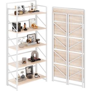 JSB Folding Bookshelf,Industrial Storage Shelves, No Assembly Vintage Wood Look Bookshelf with Storage Shelves for Living Room, Bedroom, Office (White, 5-Tier)