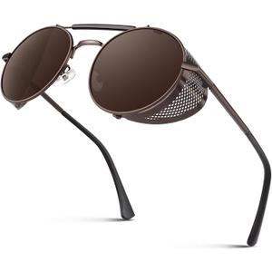 CGID Retro Steampunk Round Polarized Sunglasses Men Womens Metal Side Shield UV400 Protection (Brown Frame / Brown Lens)