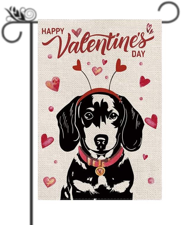 Welcome Valentine's Day Garden Flag Dachshund Dog Love Heart Vertical Double Sided Garden Flag Holiday Outside Yard Decoration Anniversary Wedding Farmhouse Valentines Day Decor 12.5 x 18 Inch