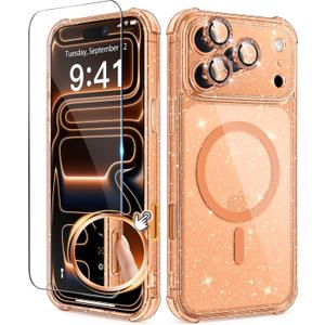 BERFY for iPhone 17 Pro Max Case for Women, Compatible with MagSafe, Clear Glitter Shockproof Protective Case, Anti-Yellowing, with Screen Protector & 3 Diamond Camera Lens Covers 6.9", Sparkle Orange