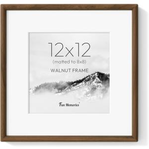 Fun Memories 12x12 Picture Frame with HD Tempered Glass, USA-Sourced Walnut Wood Photo Frame Matted to 8x8, Rounded Corner 12 x 12 Square Wooden Frames, Gallery Wall Frames for Posters & Art Prints