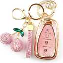 Sparkly Key Fob Cover with Cherry Keychain, Bling TPU Smart Key Case for Women, Compatible with Chevy Trailblazer Blazer Camaro Cruze Traverse (4-Button, Gold Pink)