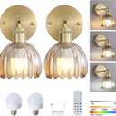 Battery Operated Wall Sconces Set of Two, Vintage Rechargeable Gold Wireless Lights with Amber Tulip Glass Shade & Remote, Dimmable LED Wall Lamp for Bedroom Living Room