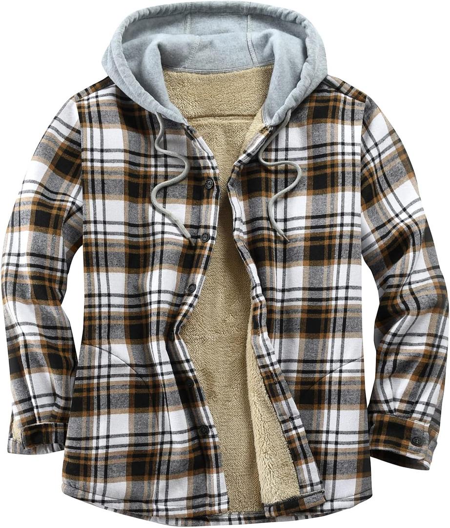 Men's Cotton Plaid Shirts Jacket Fleece Lined Flannel Shirts Sherpa Button Down Jackets with Hood for Men (Black Line White Khaki)