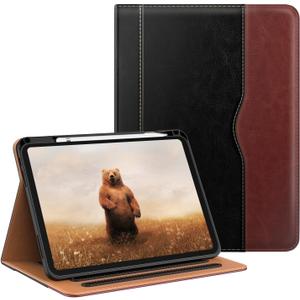 OKP Case for iPad A16 11th Generation 2025 / 10th Gen Case 2022, for 11 Inch / 10.9 Inch iPad Multi-Angle Viewing PU Leather Stand Cover with Pencil Holder & Pocket, Auto Sleep/Wake, Black Brown