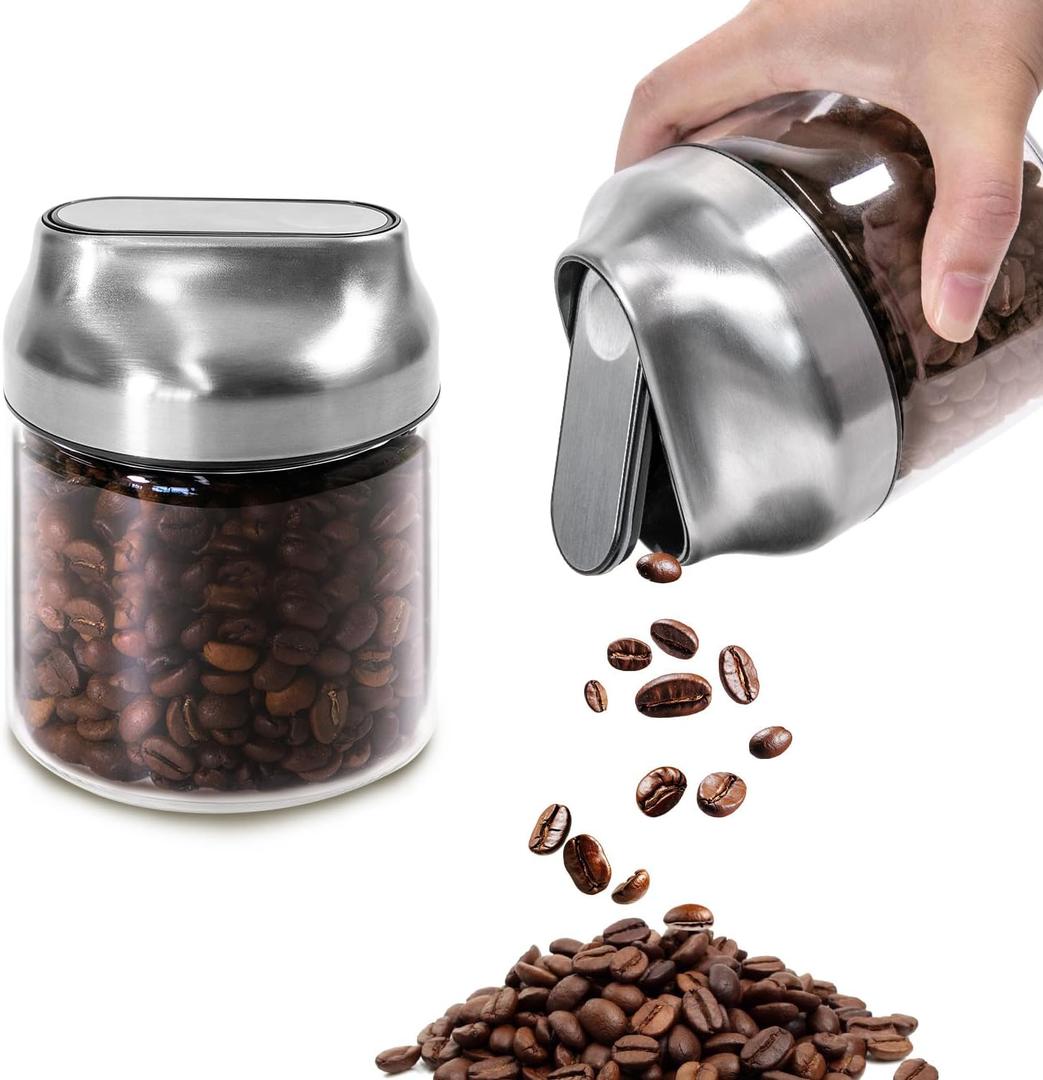 Aelga Small Glass Storage Jar with Lid, Coffee Container Canister Food Storage Jars for Coffee Beans Spice Sugar Tea Bag, Stackable Decorative Container, One-Handed Operation, 17 OZ, Silver