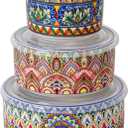 Henten Home Ceramic Serving Bowls with Lid, Colorful Nesting Bowl Set of 3, Porcelain Boho Bowls for Prep, Food Storage, Meals, Microwave & Dishwasher Safe, 10/20/32 oz