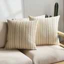 Boho Throw Pillow Covers 20x20 Inch Set of 2 Striped Chenille Farmhouse Decorative Cushion Covers for Sofa Couch Bed Living Room Farmhouse Decor (Beige, 20" x 20" (Pack of 2))