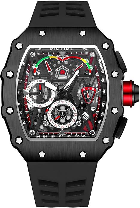 Mens Luxury Tonneau Square Watches Analog Punk Chronograph Unique Sports Wrist Watch Japanese Movement Luminous Design with Rubber Band