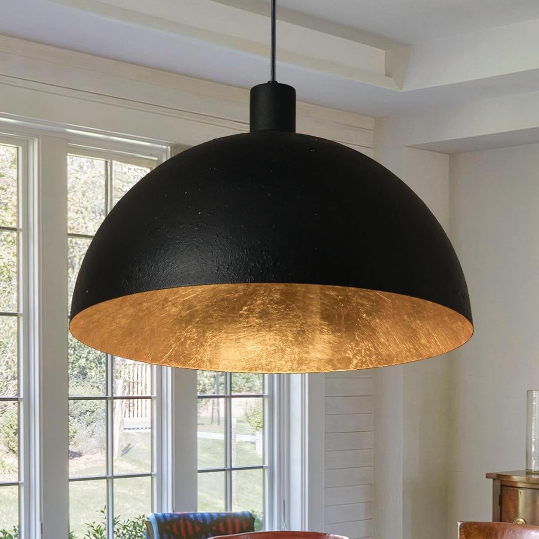 Black and Gold Dome Pendant Light, 20 Inch Large Dome Chandelier Industrial Fixture with Gold Leaf Interior for Dining Room, Kitchen Island, Bar or loft.
