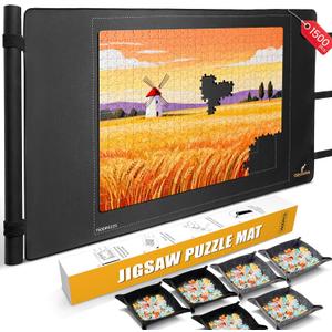 Jigsaw Puzzle Mat Roll Up for 1500 Pieces - All-in-One Puzzle Mat 46" x 26" with Built-in Tube & Straps, 3 Sorting Trays, Travel Storage Bag, Portable Effortless Puzzle Storage, Medium