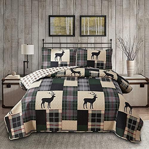Lodge Bedspread Set King Size Rustic Cabin Quilt Set Deer Bedding Sets Lightweight Coverlet Reversible Bedspreads Elk Moose Printed Bedcover Dark Green Beige Plaid Patchwork Bedding Country Decor