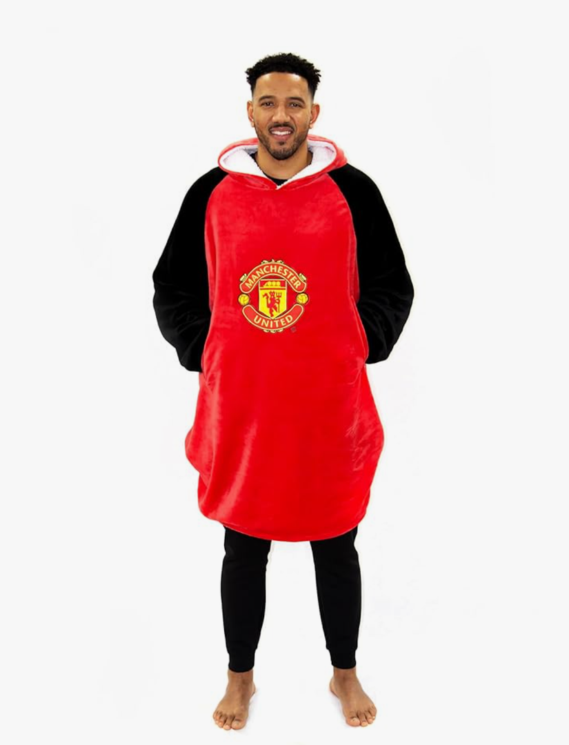 Manchester United Oversized Wearable Fleece Blanket, Super Warm and Cosy Premium Sherpa Lined, Manchester United Design