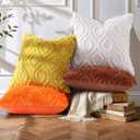 decorUhome Summer Throw Pillow Covers 20x20 Inch Set of 2, Soft Plush Faux Wool Mustard Yellow Solid Couch Pillow Covers, Accent Farmhouse Neutral Square Pillow Cases for Sofa Bed Living Room