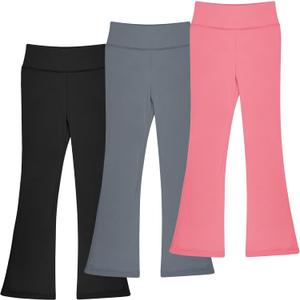 BIG ELEPHANT Girls Flare Leggings Kids Bell Bottoms High Waisted Bootcut Yoga Dance Flared Pants (7-8 Years, Black/Dark Gray/Pink 3 Pack)