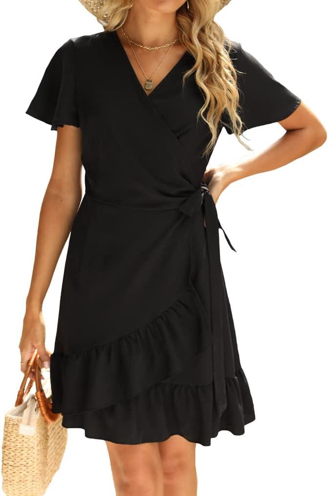 Naggoo Womens Wrap Dress V Neck Trendy Polka Dot Ruffle Short Sleeve Evening Mini Dress (Large, Solid Black)