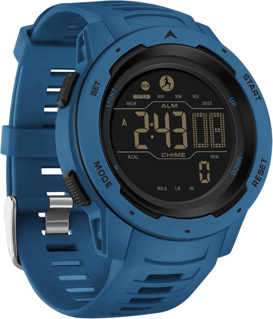 Findtime Men's Digital Watch Waterproof Pedometer Watches Sport Watch Step Counter Calorie Military Watch with Stopwatch Alarm LED Backlight Countdown (Blue)