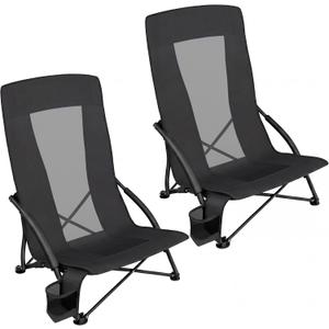 SONGMICS Set of 2 Portable Beach Chairs for Adults, Max. Load 330 lb Each, High Backrest, Cup Holder, Lightweight, Heavy-Duty, Black UGCB067B01V1