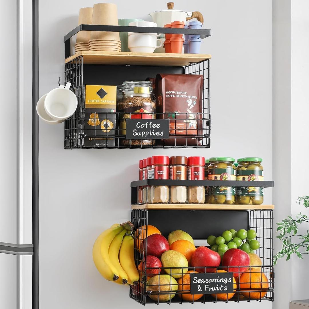 [WIDER SHELF] 2 SET Strong Magnetic Shelf Basket for Fridge with Tag & Bamboo Top, XXL Large Magnetic Spice Rack Shelves for Side of Refrigerator, Kitchen Pantry Storage Organizer for Food Fruit Veg