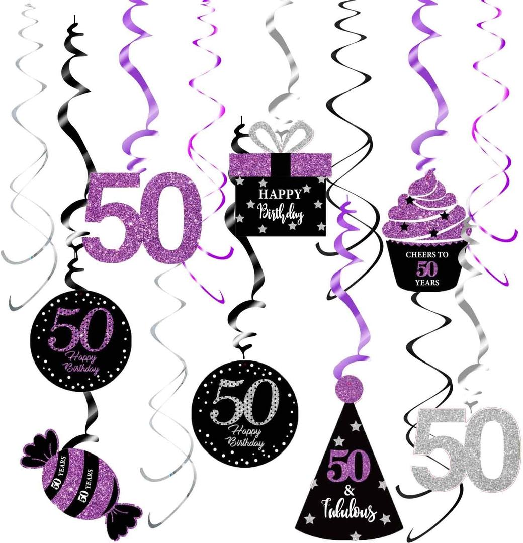 50th Birthday Decorations for Women Purple Silver Black Women 50th Birthday Party Decoration Purple Silver Black Foil Hanging Swirls Decorations 50th Birthday Party Hanging Decor