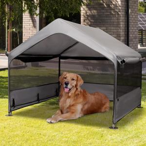 Summertrail Extra Large Dog House Outside, Dog Tent Outdoor, Big Dog Shade Shelter Doghouse Canopy with Three-Sided Breathable Mesh Windows, Gray Sun Rain Cover for Pet Cat Livestock 4'x 4'x 3.3'