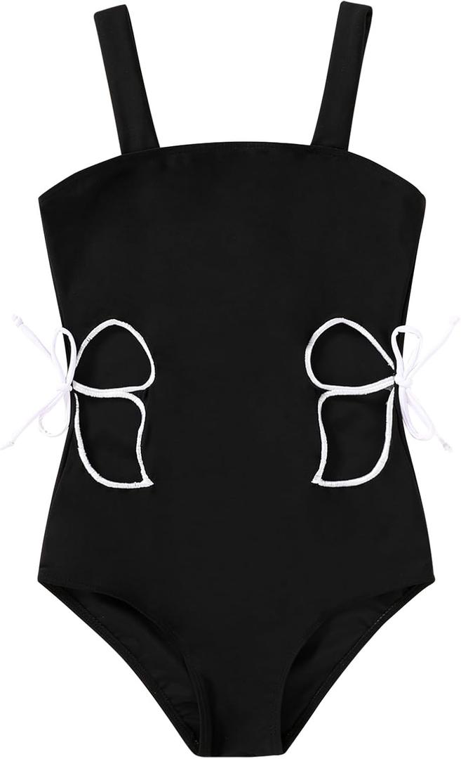 Girls Swimsuit One Piece Bathing Suit Adjustable Straps Solid Color Cut Out Butterfly Girls' Swimwear for 7-14Y (7-8 Years, Black and Butterfly)