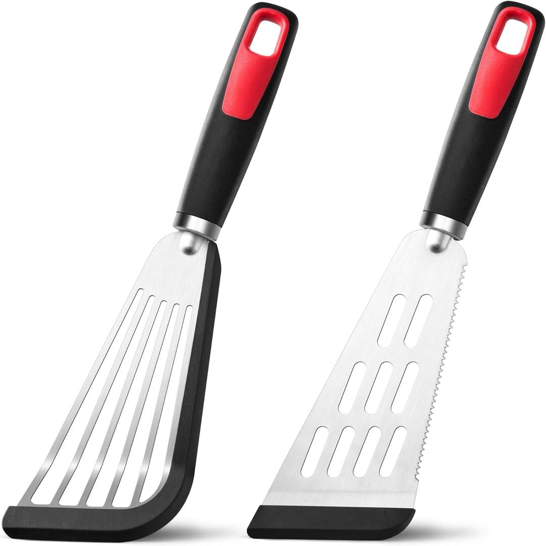 Fish Spatula Turner Set of 2, 600F Heat Resistant Silicone Spatulas for Nonstick Cookware, Metal Slotted Spatula with Silicone Edge for Fish, Egg, Pancake, Dishwasher Safe