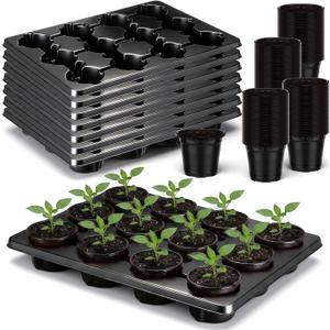 96 Pcs 4 inch Seedling Pots and 8 Pcs 12 Cell Reusable Plastic Nursery Pots Trays Thick Sturdy Seeds Starting Germination Carrying Trays Black Small Planter Nursery Propagation 8 Sets(Black)