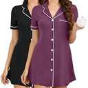 Breathffy 2 Pack Nightgowns for Women Button Down Sleepshirt Short Sleeve Sleepwear Soft Nightshirts V Neck Pajama Dress(Black, Dark Purple, X-Large)