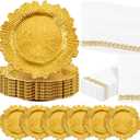 Nitial 50 Set Reef Charger Plate Set Bulk 13 Plastic Charger Plates Ruffled Rim with Paper Napkins Guest Towels for Table Setting Wedding Party (Gold)